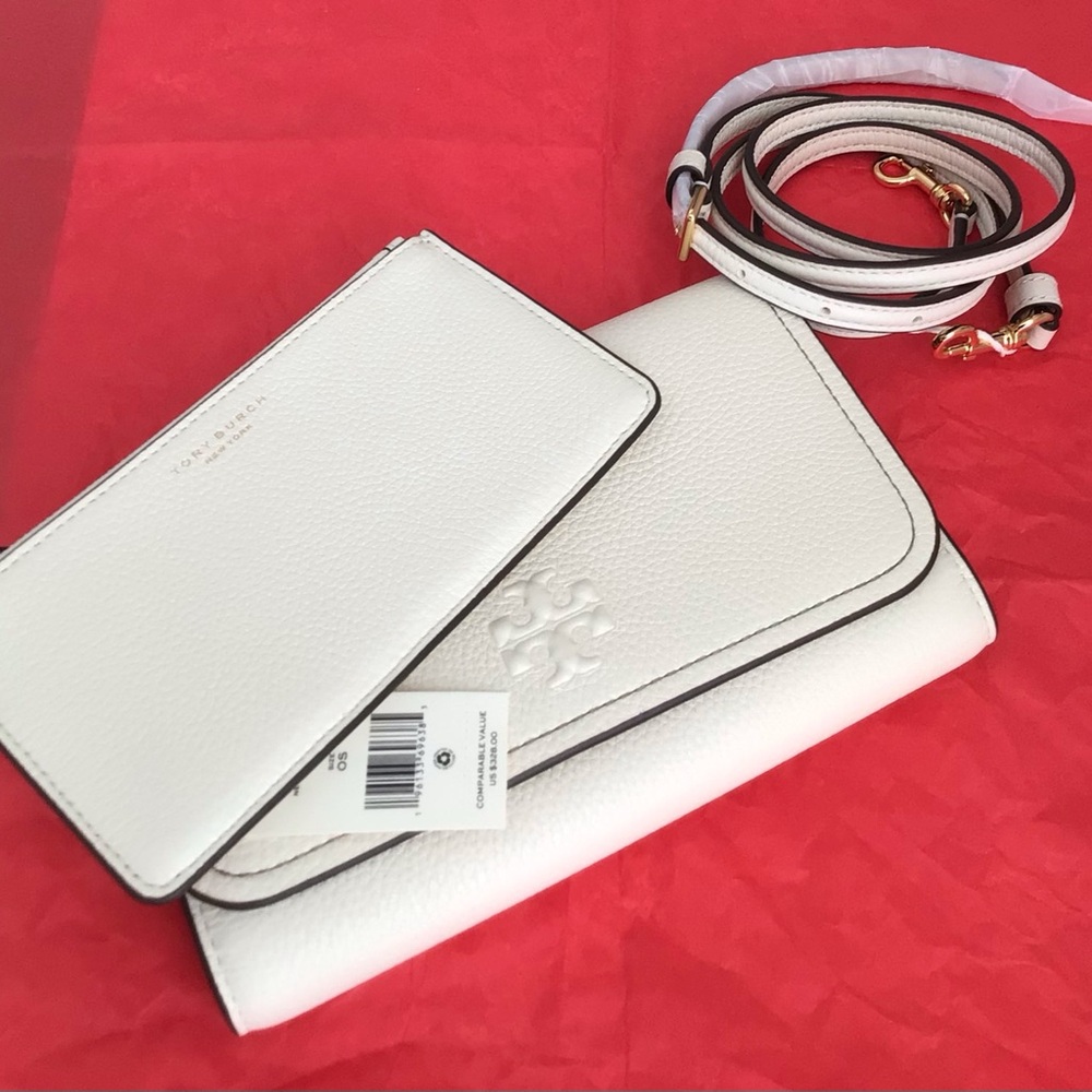 Tory Burch Thea Flat Crossbody and Zip Card Wallet Leather Ivory New In Package